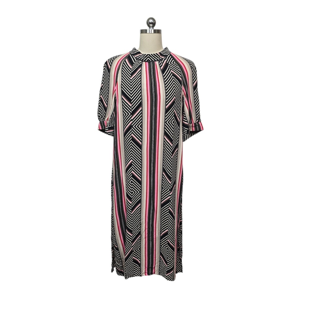 Anthropologie Geometric Stripe Shift Dress‎ Pink Black High Neck Midi Viscose